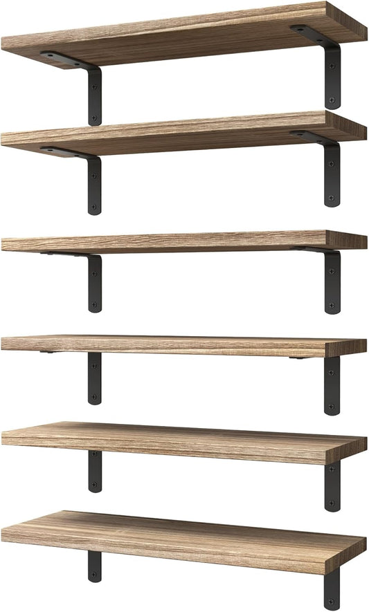 WOPITUES Floating Wood Shelves Set of 6 - Rustic Brown Wall Decor for Bedroom, Bathroom & Living Room