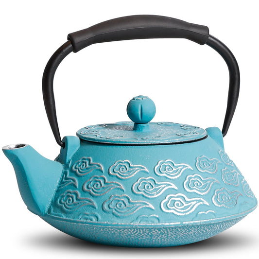 Cast Iron Teapot, Japanese Tea Pot with Infuser for Loose Leaf, Tea Kettle Stovetop Safe Coated with Enameled Interior, Clouds Pattern 27oz, 800ml Sky-Blue