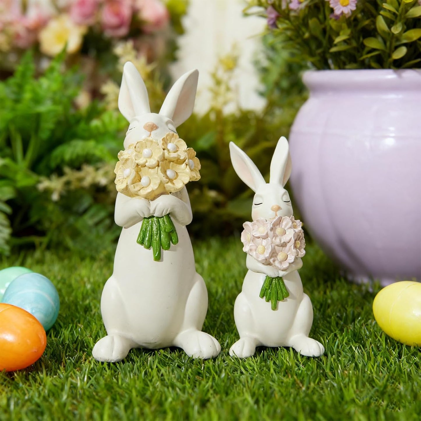 WDS Wondrous Bunny Figurines Set - Cream White Bunnies with Pastel Flower Bouquets | Cute Spring Home Decor Statues (Set of 2)