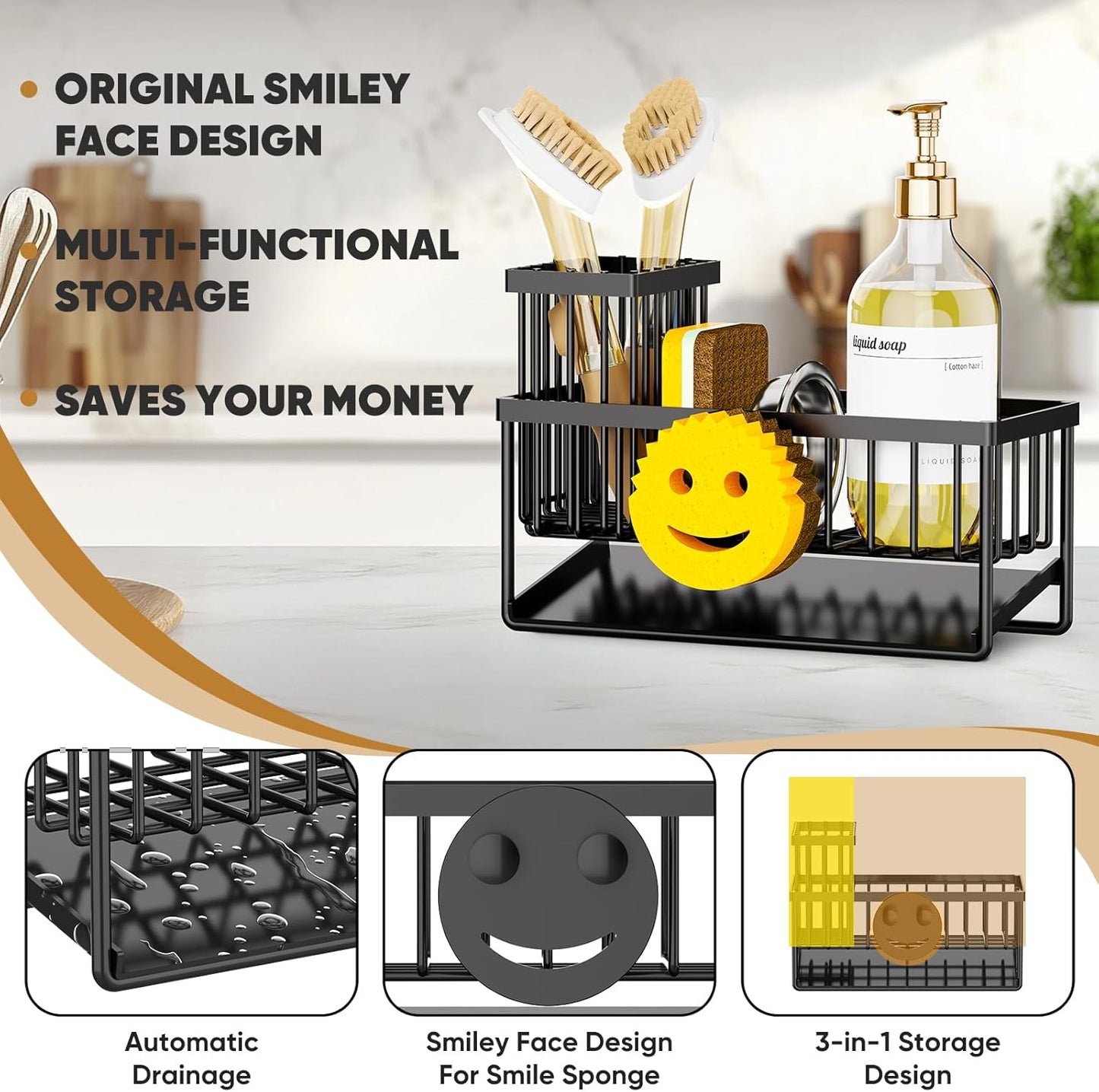 Skiennix Smiley Face Sponge Holder - Self-Draining Kitchen Sink Caddy with Removable Brush Holder | Essential Kitchen Gadget