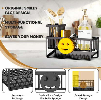 Skiennix Smiley Face Sponge Holder - Self-Draining Kitchen Sink Caddy with Removable Brush Holder | Essential Kitchen Gadget