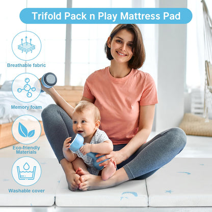 PanKers Portable Trifold Pack and Play Mattress 38"x26", Foldable Travel Crib Mattress, Dual Sided Memory Foam Pack n Play Mattresses Pad with Carrying Bag Removable Cover