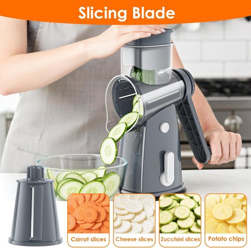 5 Blade Rotary Cheese Grater by [Brand Name] - Hand Crank Vegetable Chopper with Storage Box | Easy to Use, Non-Slip Suction Base, Gray