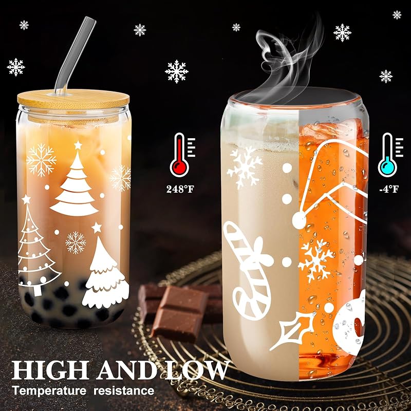 Umigy 8 Pack 16 oz Glass Cups with Lids & Straws - Christmas Themed Tumbler Set