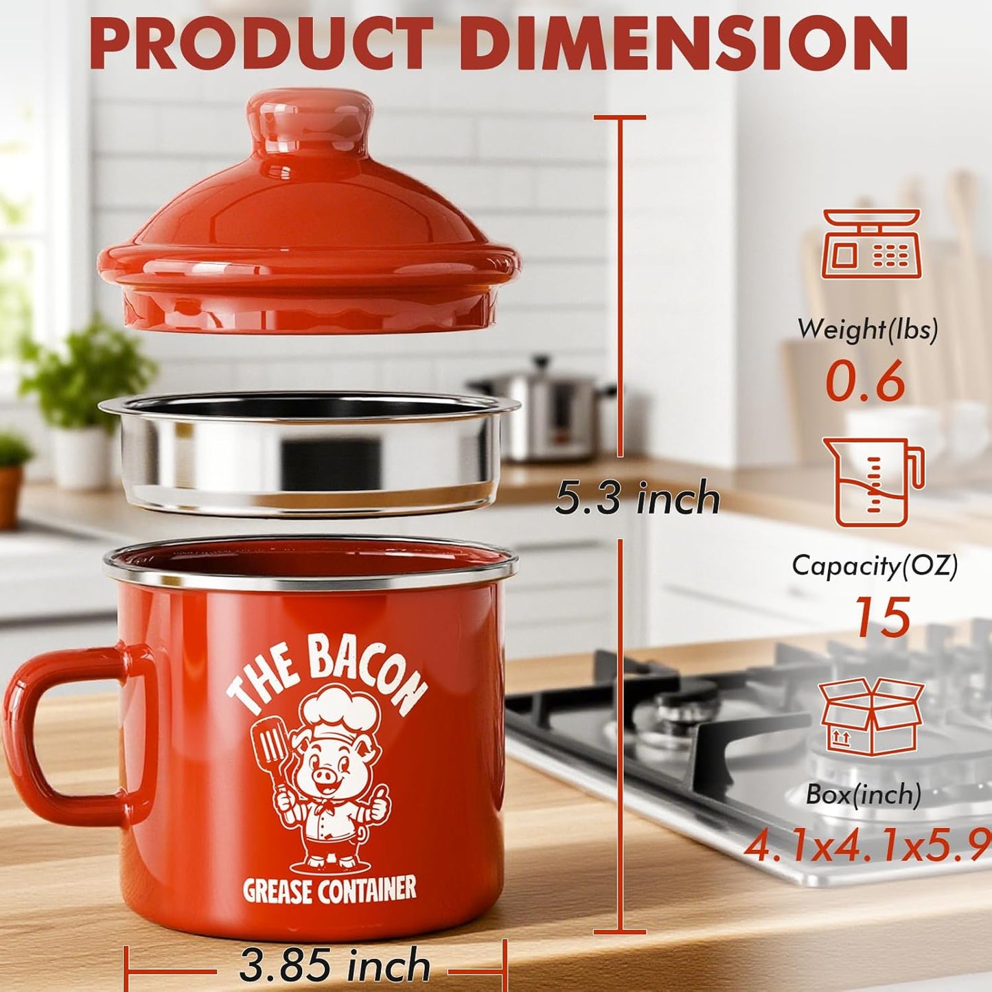 PGYARD Mini Bacon Grease Saver - 15oz Enamel Container with Strainer | Farmhouse Kitchen Fat Keeper - Red