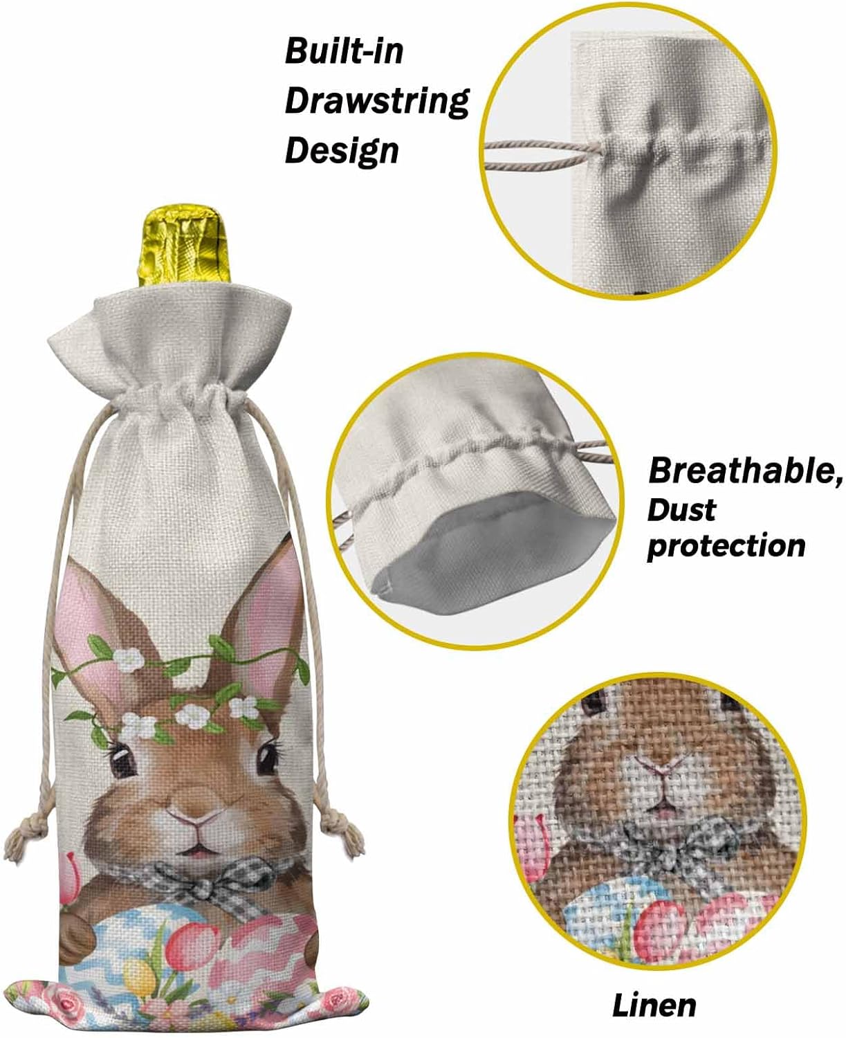 PIEPLE Easter Bunny 10PCS Wine Bottle Bags, Wine Bottle Cover with Drawstring, Gift Bag for Champagne, Wedding, Birthday, Party Spring Colorful Easter Eggs Flowers Burlap