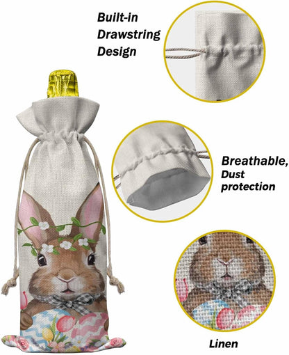 PIEPLE Easter Bunny 10PCS Wine Bottle Bags, Wine Bottle Cover with Drawstring, Gift Bag for Champagne, Wedding, Birthday, Party Spring Colorful Easter Eggs Flowers Burlap