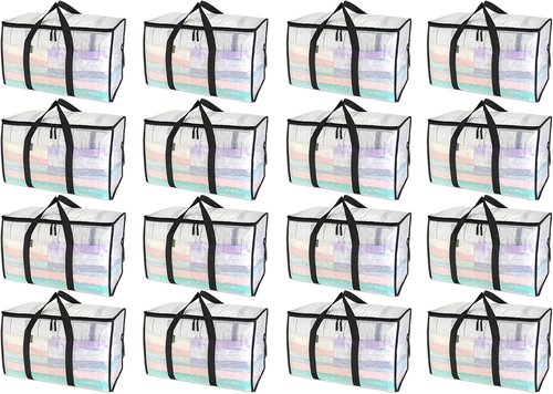 BALEINE 16-Pack Heavy-Duty Moving Bags - Oversized Storage Totes with Reinforced Handles (Clear)