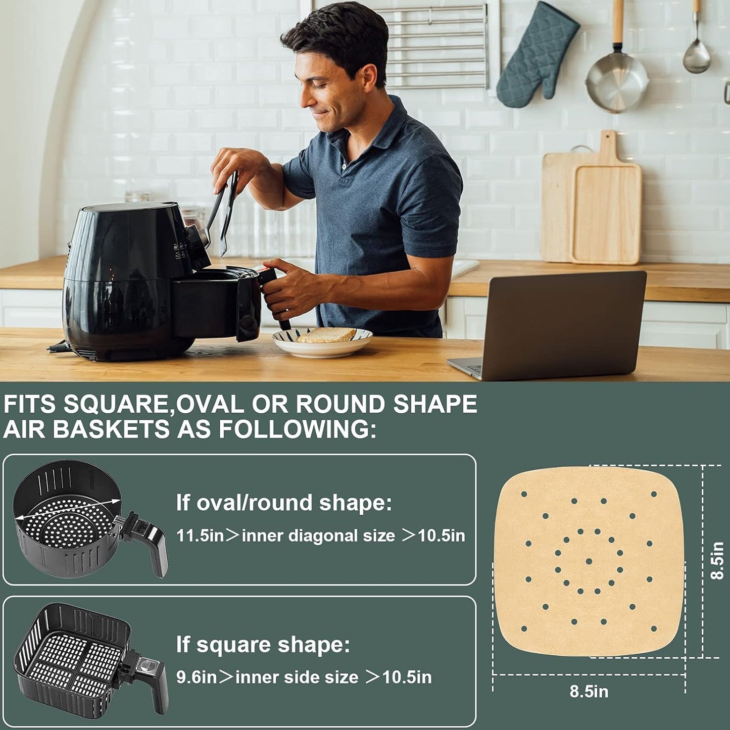 Skiennix Air Fryer Parchment Paper Liners - 200pcs Perforated, 8.5 Inch, Easy Cleanup, No Burn