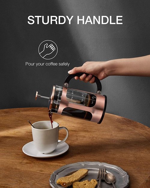 BAYKA French Press Coffee Maker - Heat Resistant Borosilicate Glass Brewer | 21 Ounce Copper Teapot