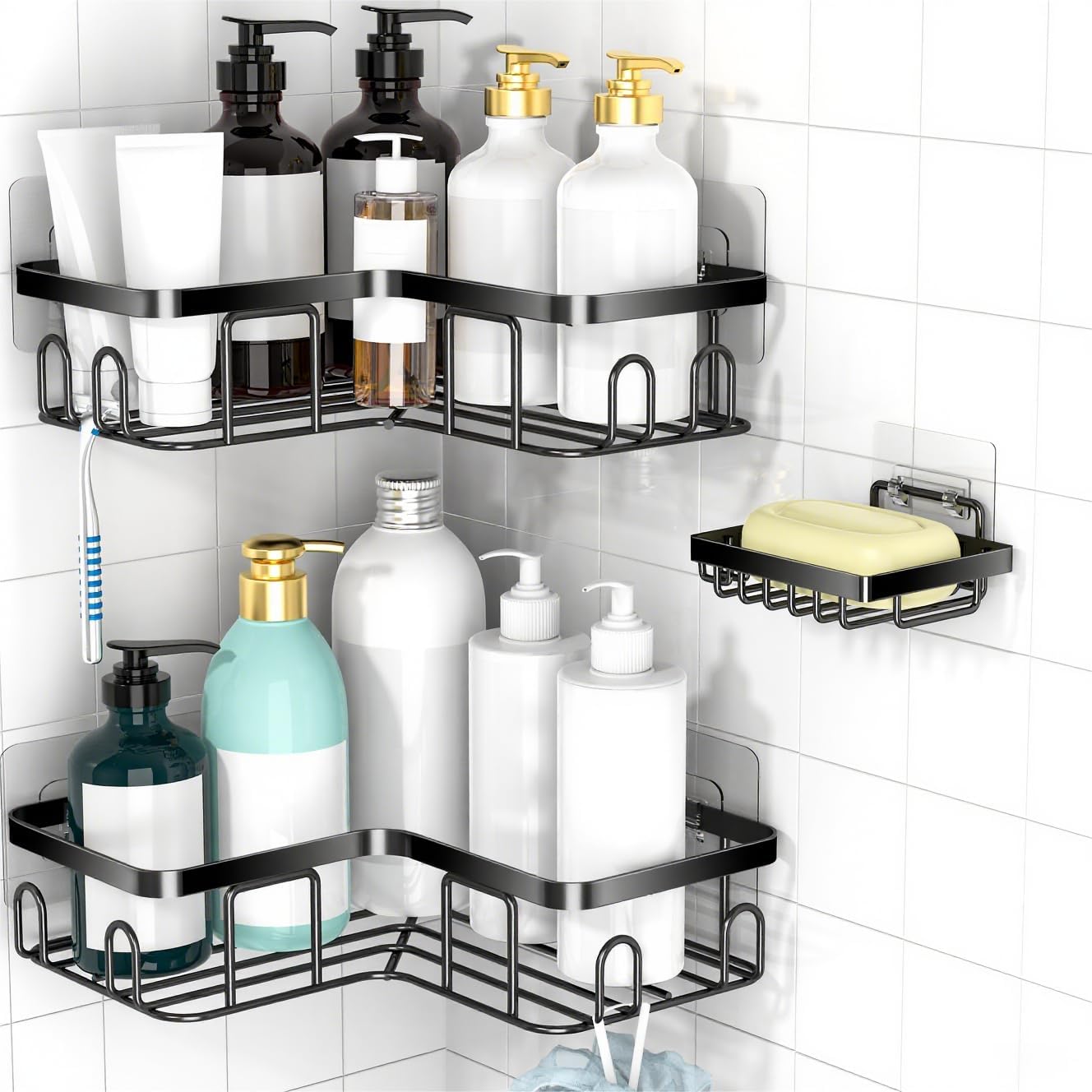 Moforoco Corner Shower Caddy - Self-Adhesive Black Organizer Shelf for Bathroom Storage | RV Essentials