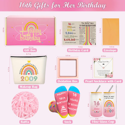 Sweet 16th Birthday Gifts for Girls, Cool 16 Year Old Girl Gift Ideas for Her Granddaughter Daughter Niece Teens, Happy 2009 Sixteen Decorations Presents Basket Glass Cup Sock Makeup Bag Necklace