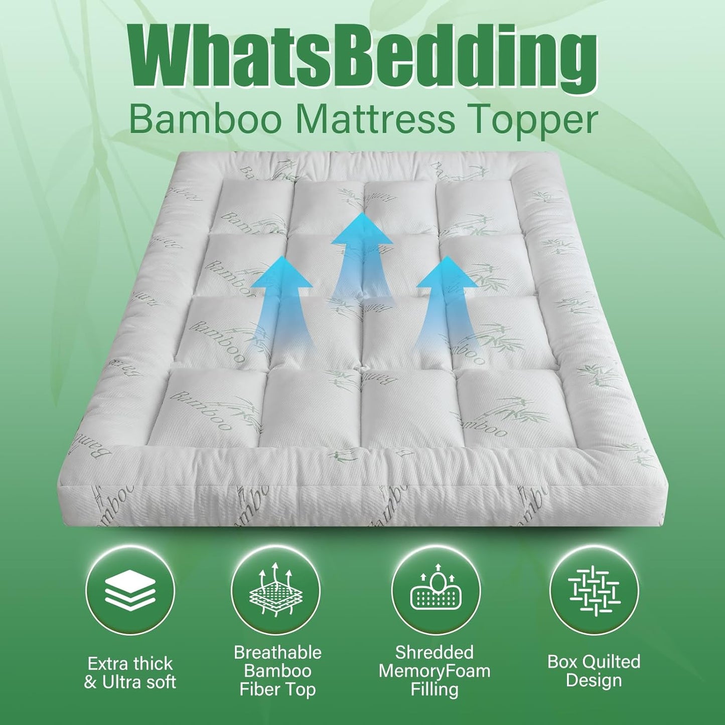 WhatsBedding 5-Inch Memory Foam Mattress Topper - Soft Bamboo Viscose, Breathable Comfort | Queen Size 80x60in