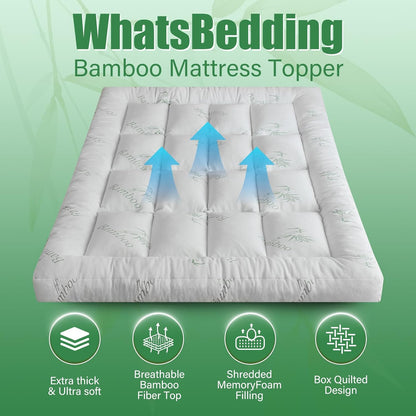 WhatsBedding 5-Inch Memory Foam Mattress Topper - Soft Bamboo Viscose, Breathable Comfort | Queen Size 80x60in