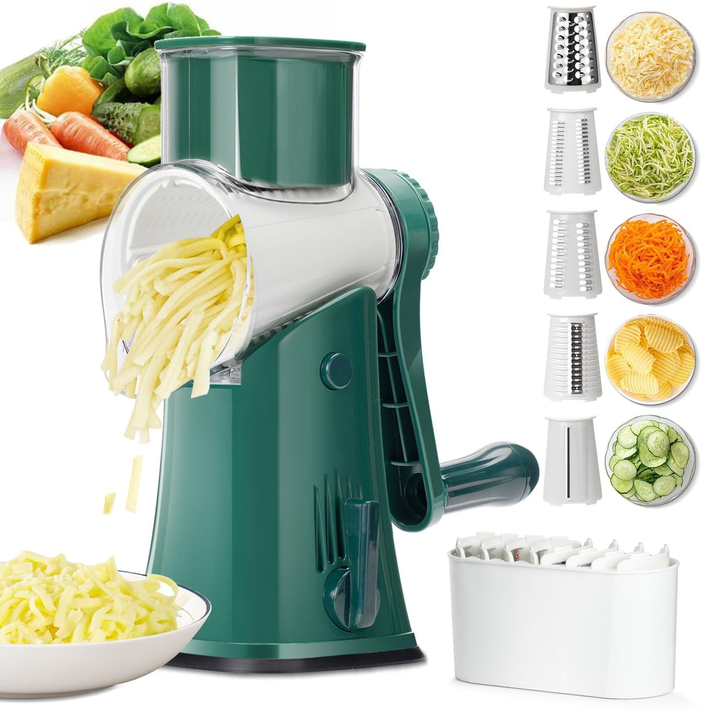 Rotary cheese grater - hand-cranked,5in1 washable & easy to clean - perfect for chefs, cuts cheese, veggies, fruits, nuts, crackers - upgraded model with strong suction-Hand Crank Cheese Grater