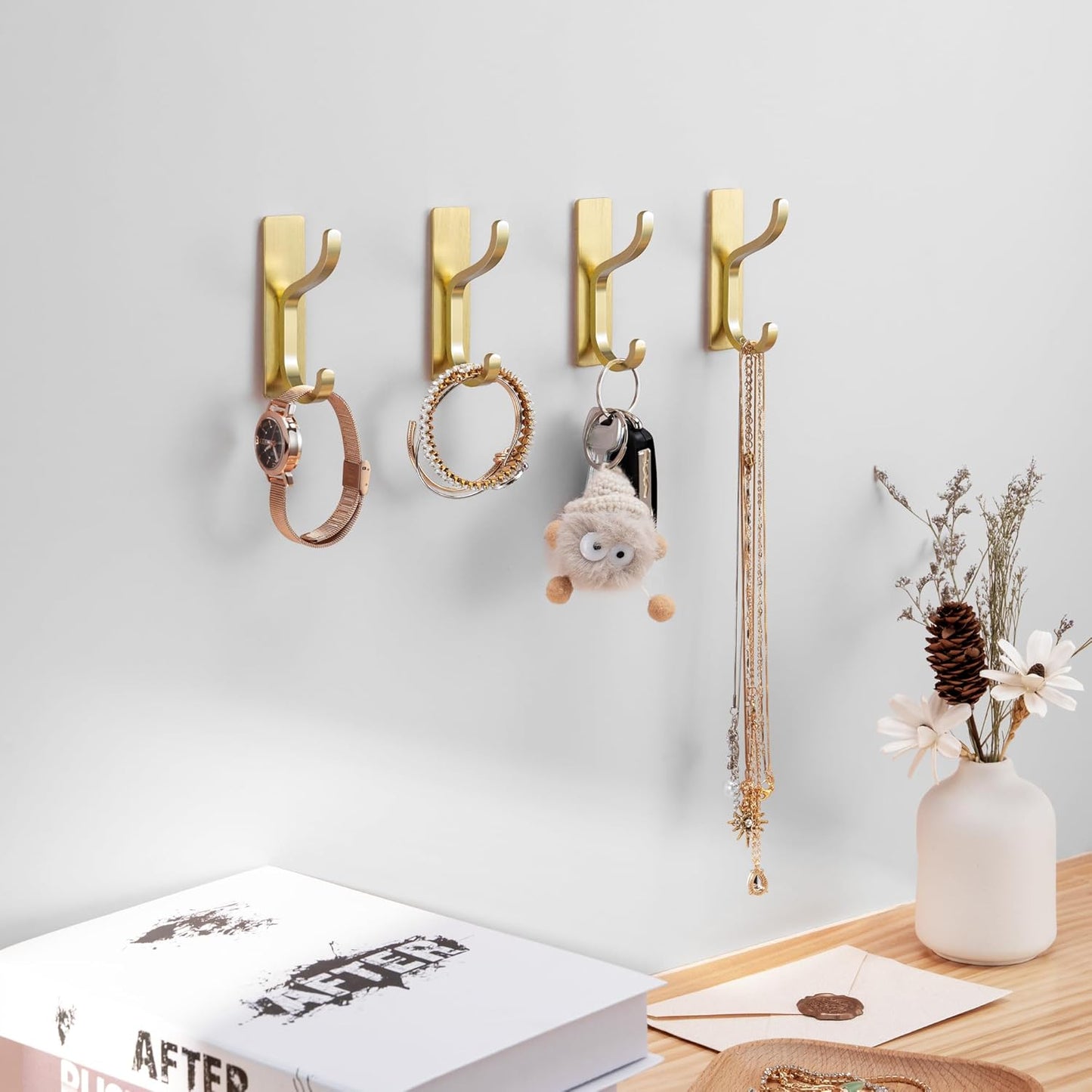 Pickpiff Adhesive Wall Coat Hooks - Heavy-Duty Metal Hangers for Towels, Bags, and Clothes - Gold, 4 Pack