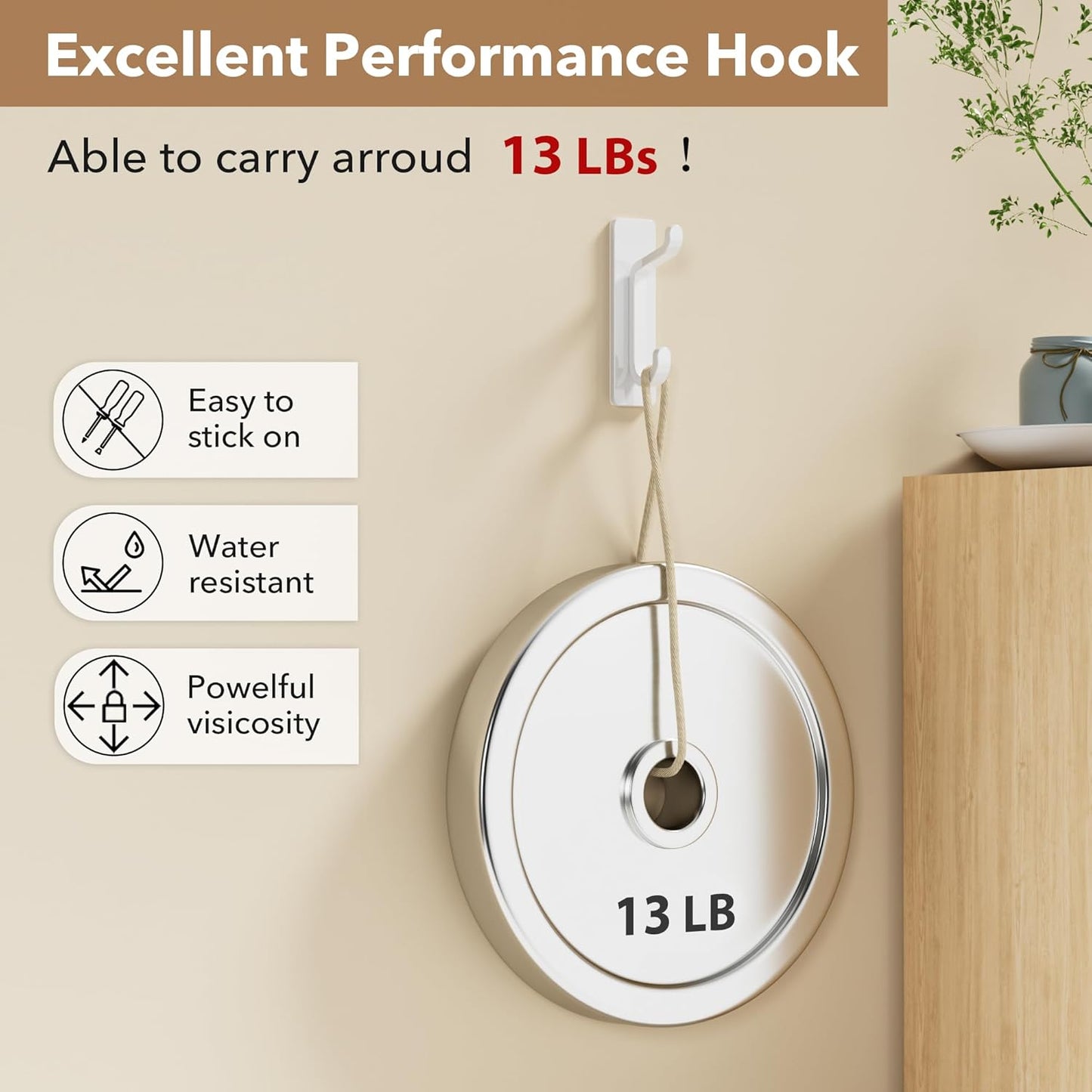 Pickpiff Wall Hooks - 13LB Strong Adhesive Coat & Towel Hangers | White 4-Pack