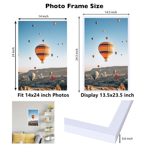 JCJMY 14x24 Picture Frame White for Poster Photo Picture, Horizontal and Vertical Formats for Wall Hanging, 14 x 24 Wall Gallery Poster Photo Frame for 14 by 24 Photos Posters, White