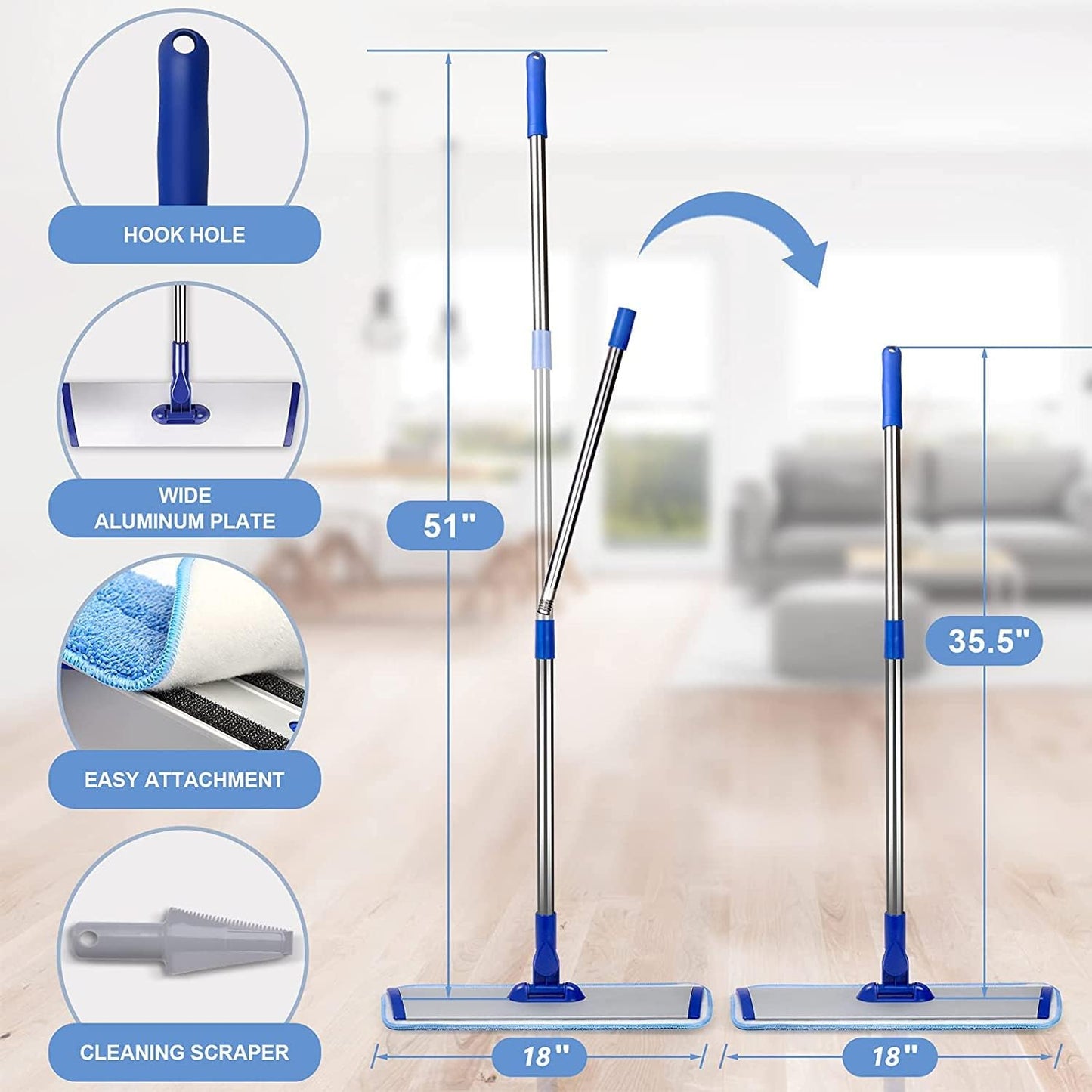 Skiennix 18" Microfiber Mop - Professional Floor Cleaning with Stainless Steel Handle & 4 Washable Pads