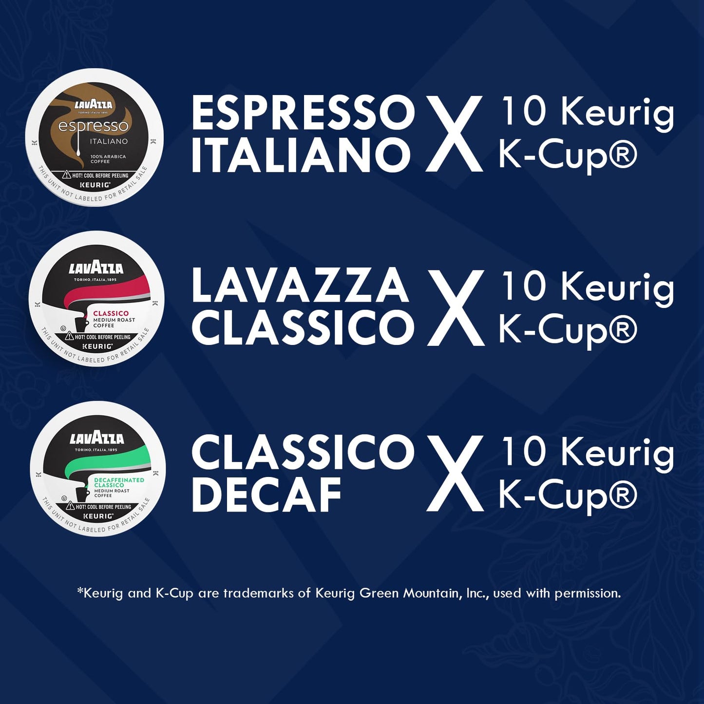 Lavazza K-Cups Mix 30 Pods - Espresso Italiano, Classico, Decaf, 10ea Espresso Cups Arabica, Compatible Keurig Brewers, Single Serve Coffee Machines, Light, Medium, Dark Roast, Kcups Coffee Caps