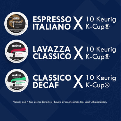 Lavazza K-Cups Mix 30 Pods - Espresso Italiano, Classico, Decaf, 10ea Espresso Cups Arabica, Compatible Keurig Brewers, Single Serve Coffee Machines, Light, Medium, Dark Roast, Kcups Coffee Caps