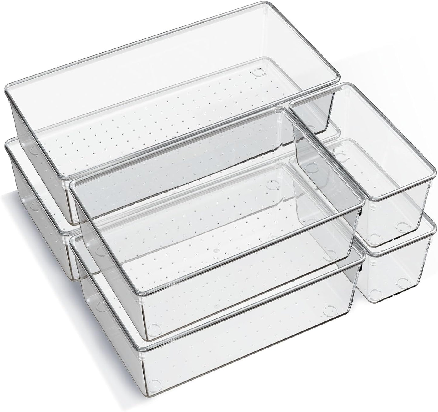 Skiennix Clear Plastic Drawer Organizer Trays - 6 Pack Non-Slip Storage Bins for Kitchen, Makeup & Office