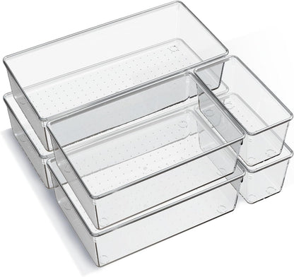 Skiennix Clear Plastic Drawer Organizer Trays - 6 Pack Non-Slip Storage Bins for Kitchen, Makeup & Office