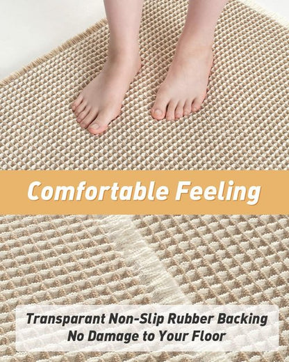 Upgraded Waffle Bath Mats Set of 2, Super Absorbent Non Slip Bath Mats for Bathroom Floor, Washable Boho Bathroom Rugs Set 2 Piece with Tassels, Soft Bathroom Mat Set, 17" x 24" (2 Pack), Brown Cream