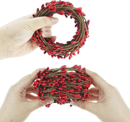 Saktopdeco Red Pip Berry Garland - Artificial Holiday Wreath with Holly Berries & Candle Rings