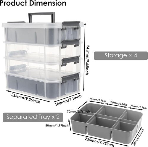 CraftGenes Grey & White Modern Plastic Storage Box - 4-Layer Durable Organizer with 2 Removable Trays for Crafts & Office Supplies