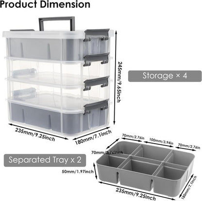 CraftGenes Grey & White Modern Plastic Storage Box - 4-Layer Durable Organizer with 2 Removable Trays for Crafts & Office Supplies