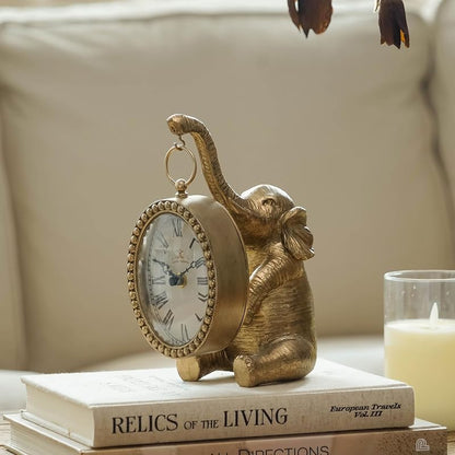 Gold Elephant Table Clock - Silent Battery-Operated Mantel Desk Clock