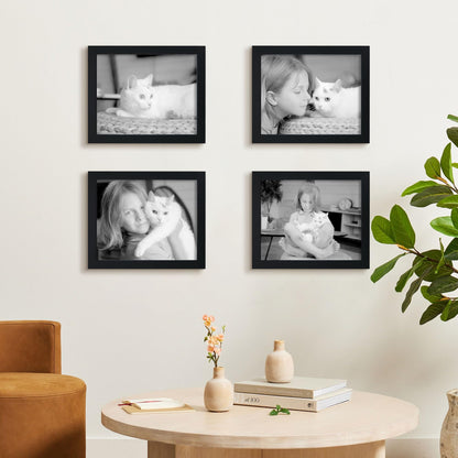 NWDCLF 8x10 Wooden Picture Frame Set of 4 (with 5x7 Mat), Solid Wood with Real HD Glass, for Tabletop or Wall Mount, Home Office Photo Frames Collage Wall Décor, Black