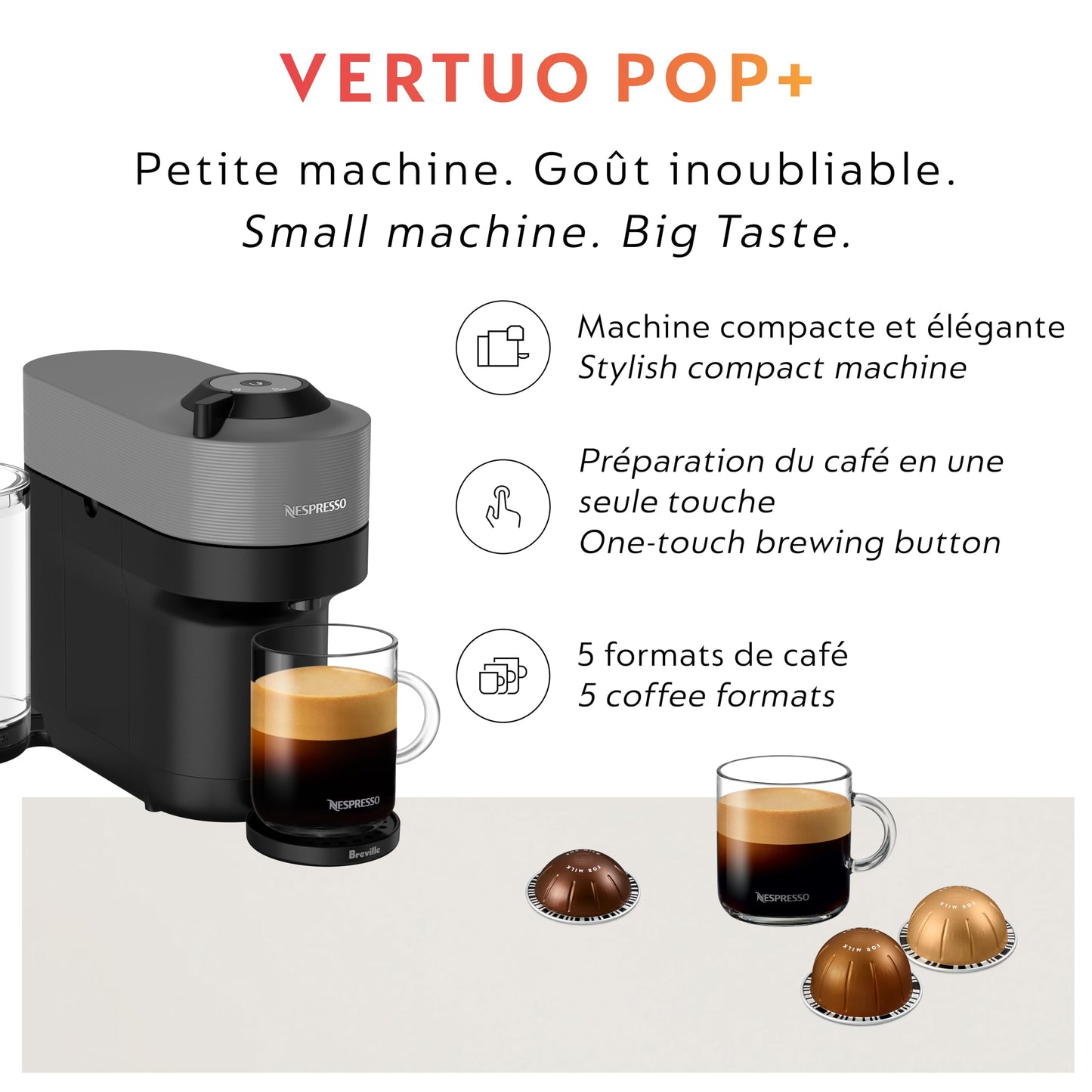 Nespresso Vertuo Pop+ Coffee and Espresso Maker by Breville with Milk Frother, Dark Grey