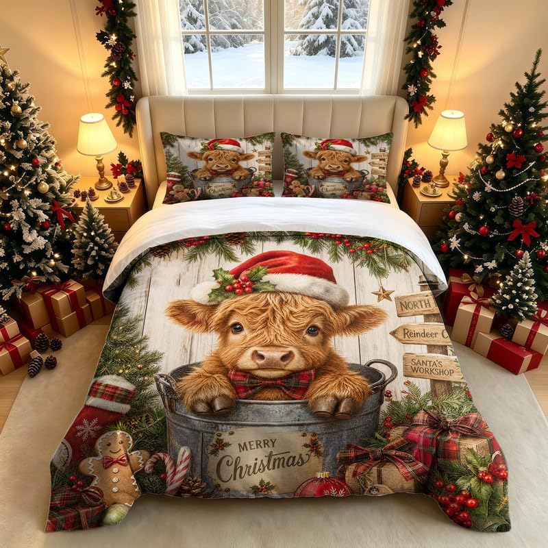 Queen Highland Cow Christmas Comforter Set Kids Bedding with Santa Hat & Holiday Design - 3 Piece