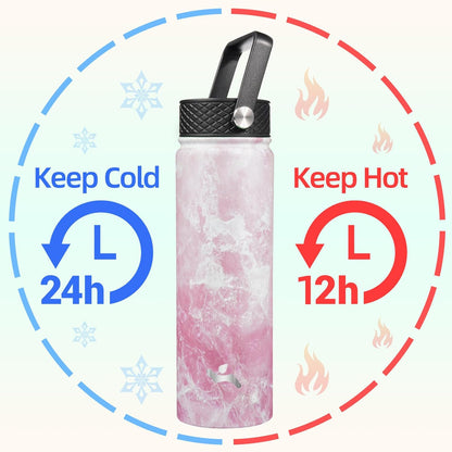 Skiennix 22oz Stainless Steel Water Bottle - Insulated with 3 Lids | Marble Blossom Design