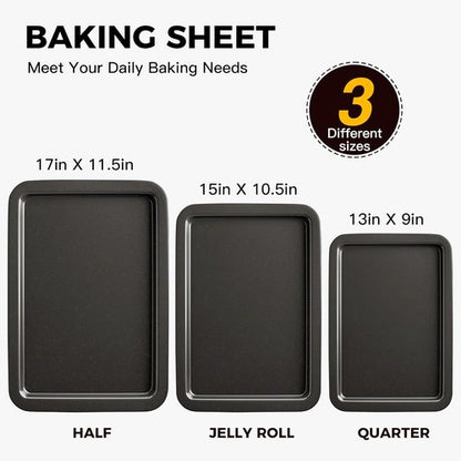 HONGBAKE Ceramic Baking Sheet Pan Set - Premium Cookie Sheets with Wider Grips | 3 Pack in Dark Grey