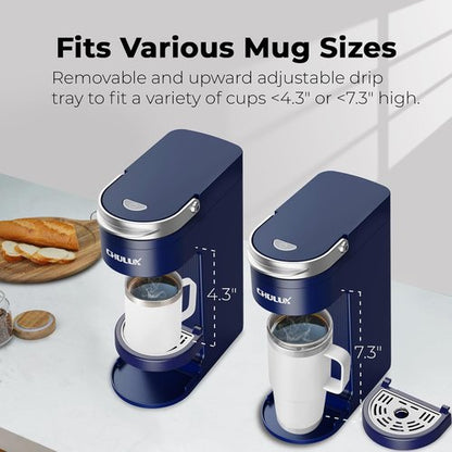 CHULUX Single Serve Coffee Maker - Compact K-Cup Brewer with 6 to 12oz Sizes | Fits 7.3" Travel Mugs, Navy Blue