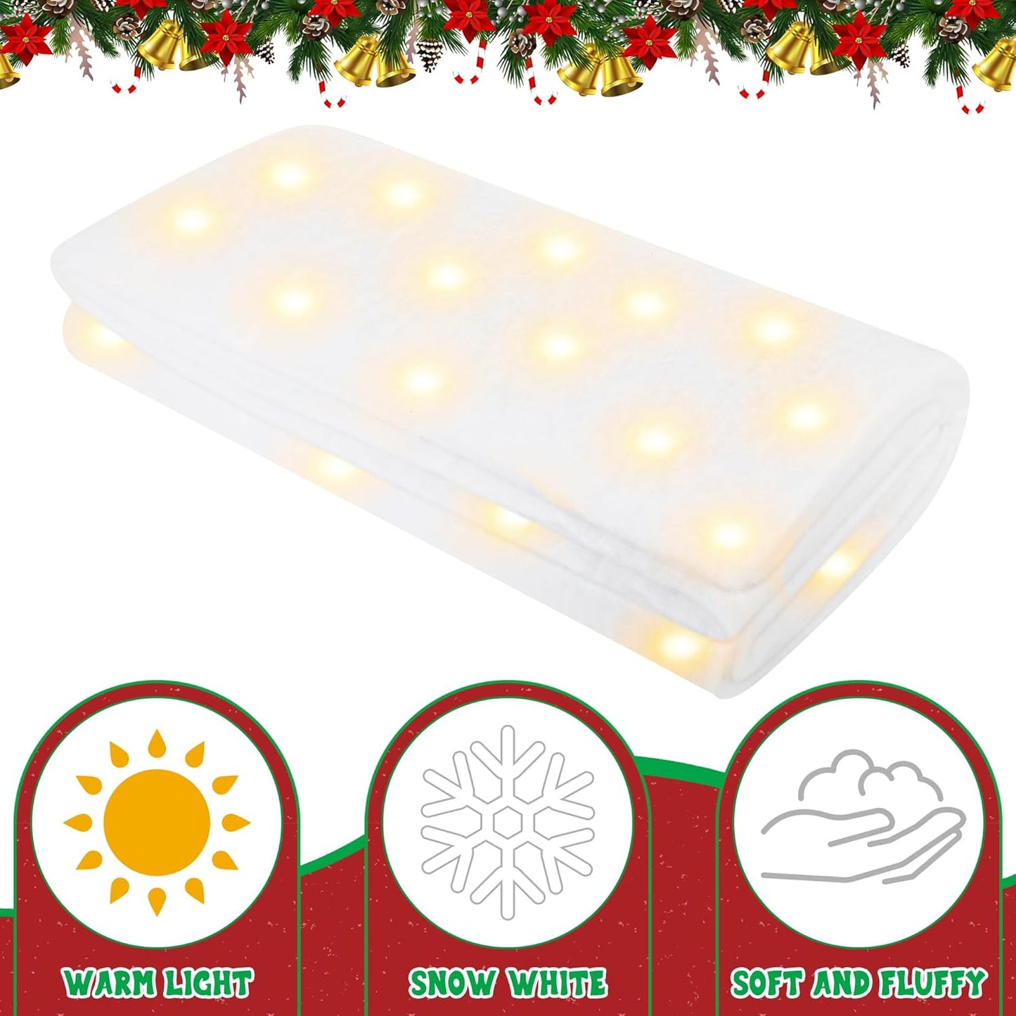 QZYL Christmas Snow Blanket Roll with Lights - 1.5 x 6FT White for Festive Decorations