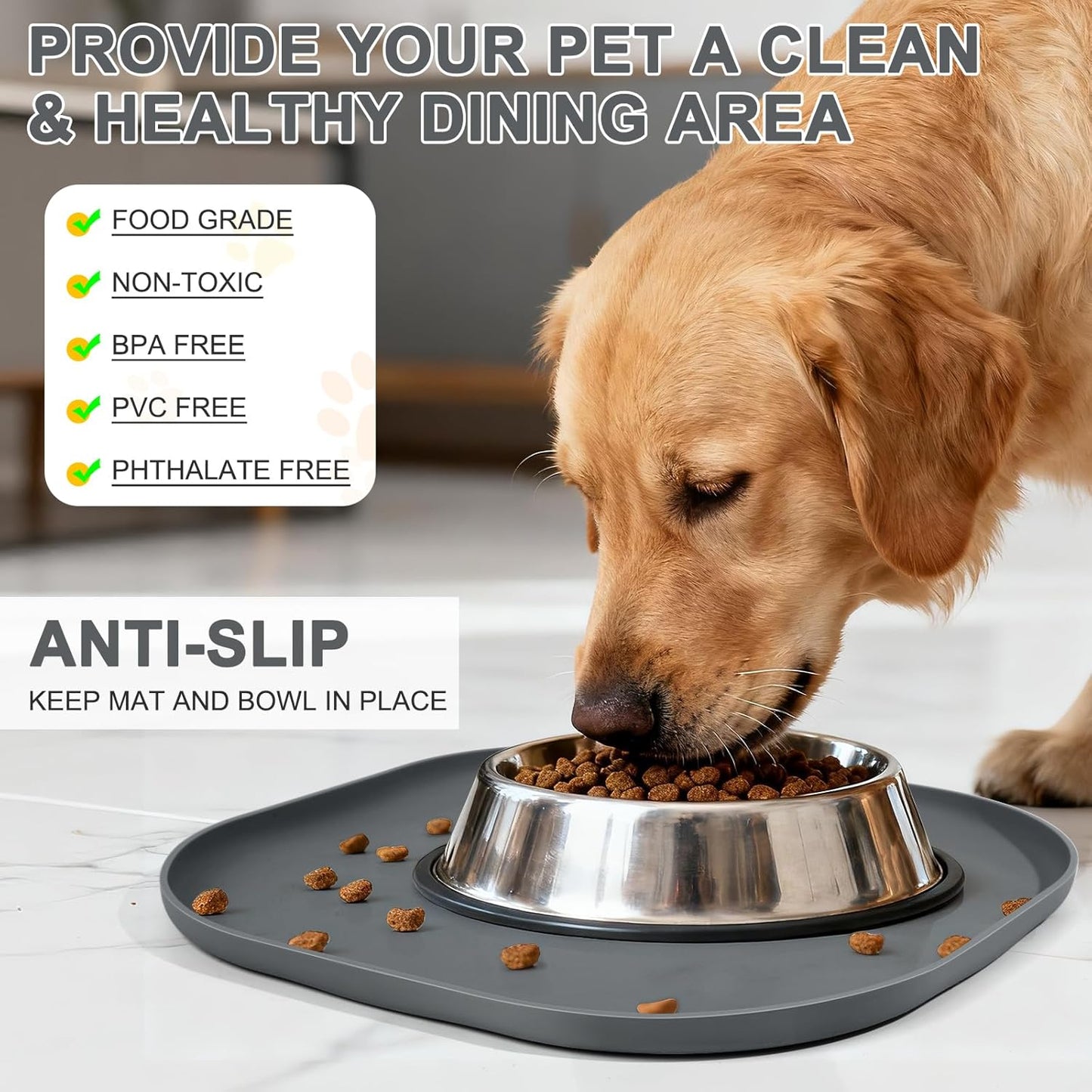 Skiennix Small Silicone Pet Food Mat - Waterproof Design with Raised Edges | 12 x 12 x 0.7 Dark Grey