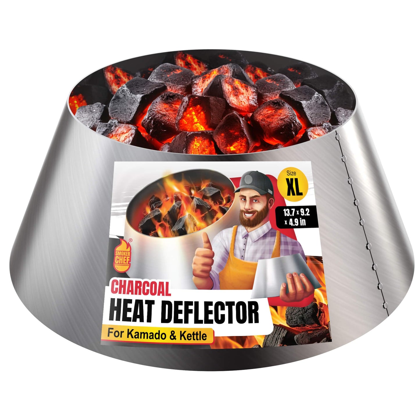 Smoker Chef Charcoal Heat Deflector - XL (XLarge) Stainless Steel BBQ Whirlpool for BGE XL & Big Joe - 13.7 Inches Base - 9.2 Inches Top - 4.9 In High - Slow and Sear Grill Accessories - Cone Shape