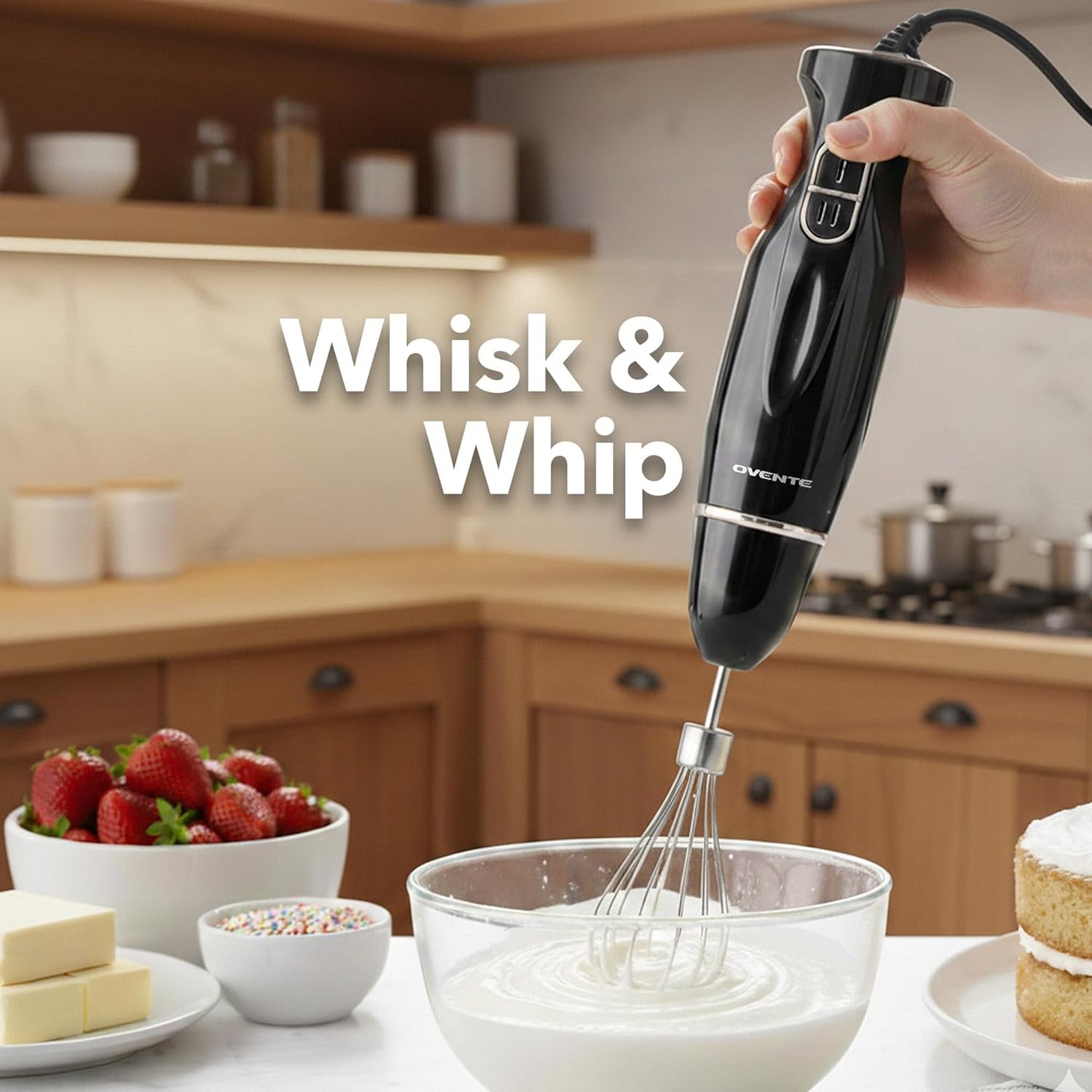 OVENTE Immersion Hand Blender Set - 300W Electric Stick Mixer with Stainless Steel Blades & Whisk, Black