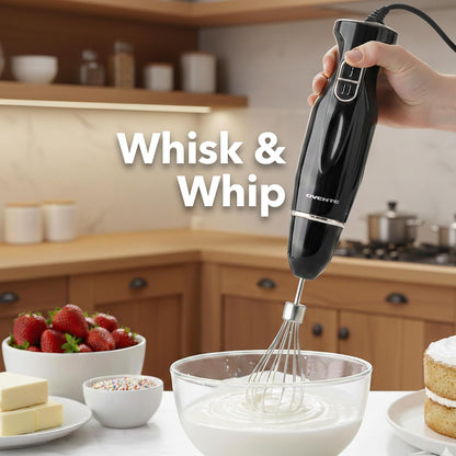OVENTE Immersion Hand Blender Set - 300W Electric Stick Mixer with Stainless Steel Blades & Whisk, Black