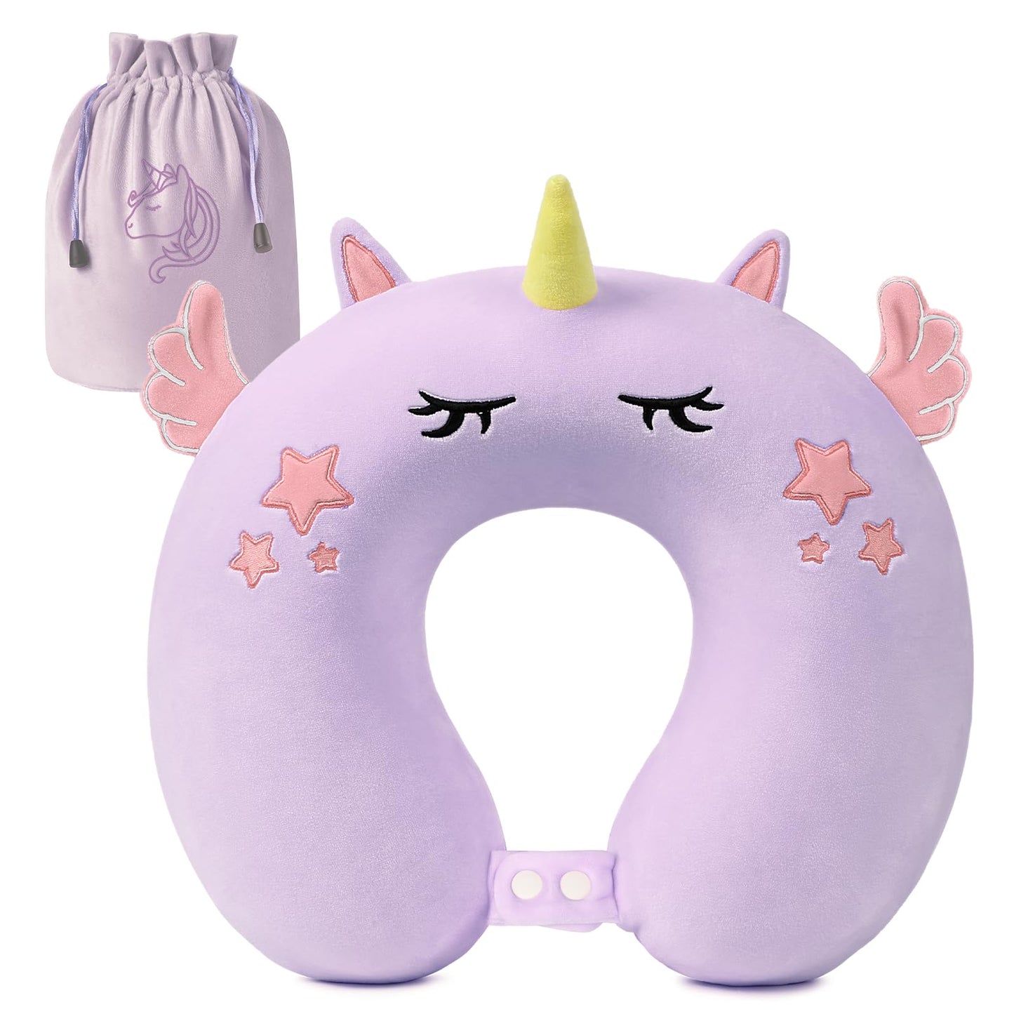 urnexttour Kids Travel Pillow, Cute Unicorn Memory Foam Neck Pillow with Travel Bag, Soft Adjustable Airplane Pillow for Chin Support, Headrest and Sleeping - Purple