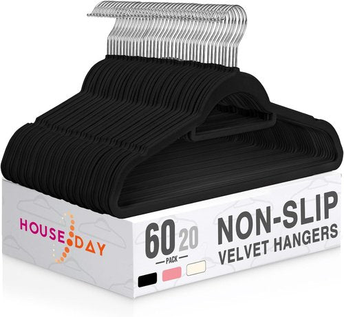 HOUSE DAY Velvet Hangers - 60 Pack Non-Slip Premium Slim Clothes Hangers | 360° Swivel Hook in Elegant Black
