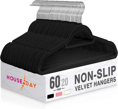 HOUSE DAY Velvet Hangers - 60 Pack Non-Slip Premium Slim Clothes Hangers | 360° Swivel Hook in Elegant Black