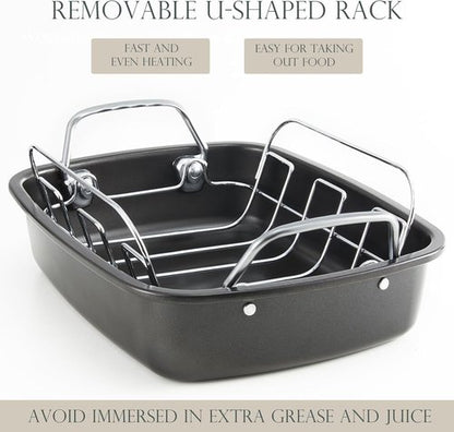 KITESSENSU Nonstick Turkey Roasting Pan - Heavy-Duty 17 x 14 Inch Chicken Roaster with Rack - Gold Finish