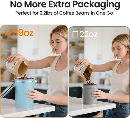Veken Coffee Canister - 39oz Airtight Stainless Steel Storage for 2.2lbs Coffee, Tea & Sugar | Blue