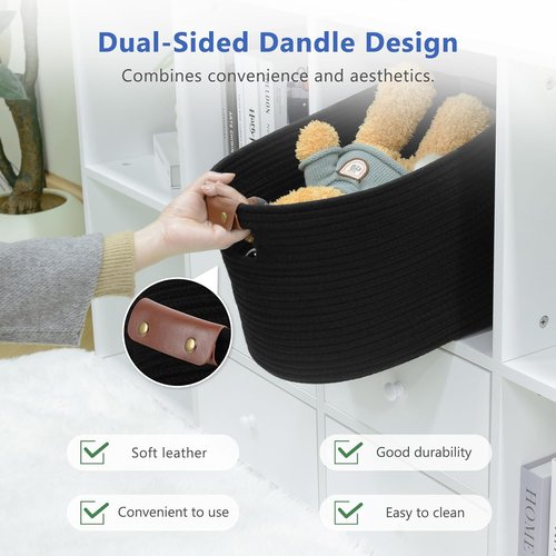 ECDYQXVU Cotton Rope Basket - Woven Storage Baskets with Handles | 15x10x9 Inch | Black (3-Pack)