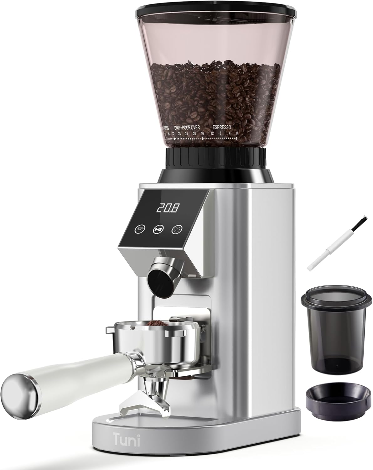 Tuni G1 Conical Burr Coffee Grinder - 48 Grind Settings, Precision Timer & LED Touchscreen - Stainless Steel Silver
